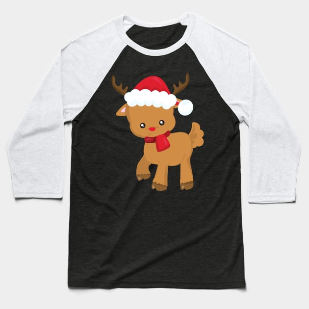 Christmas Reindeer, Red Nose, Santa Hat, New Year Baseball T-Shirt by Jelena Dunčević